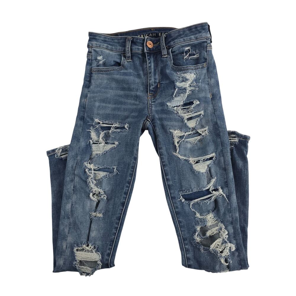 American Eagle hi-rise jeggin distressed jeans blue‎ denim 2 short womens 6699